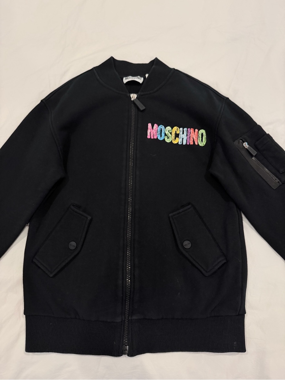 Moschino Black Bomber Jacket with Multicolor Logo
